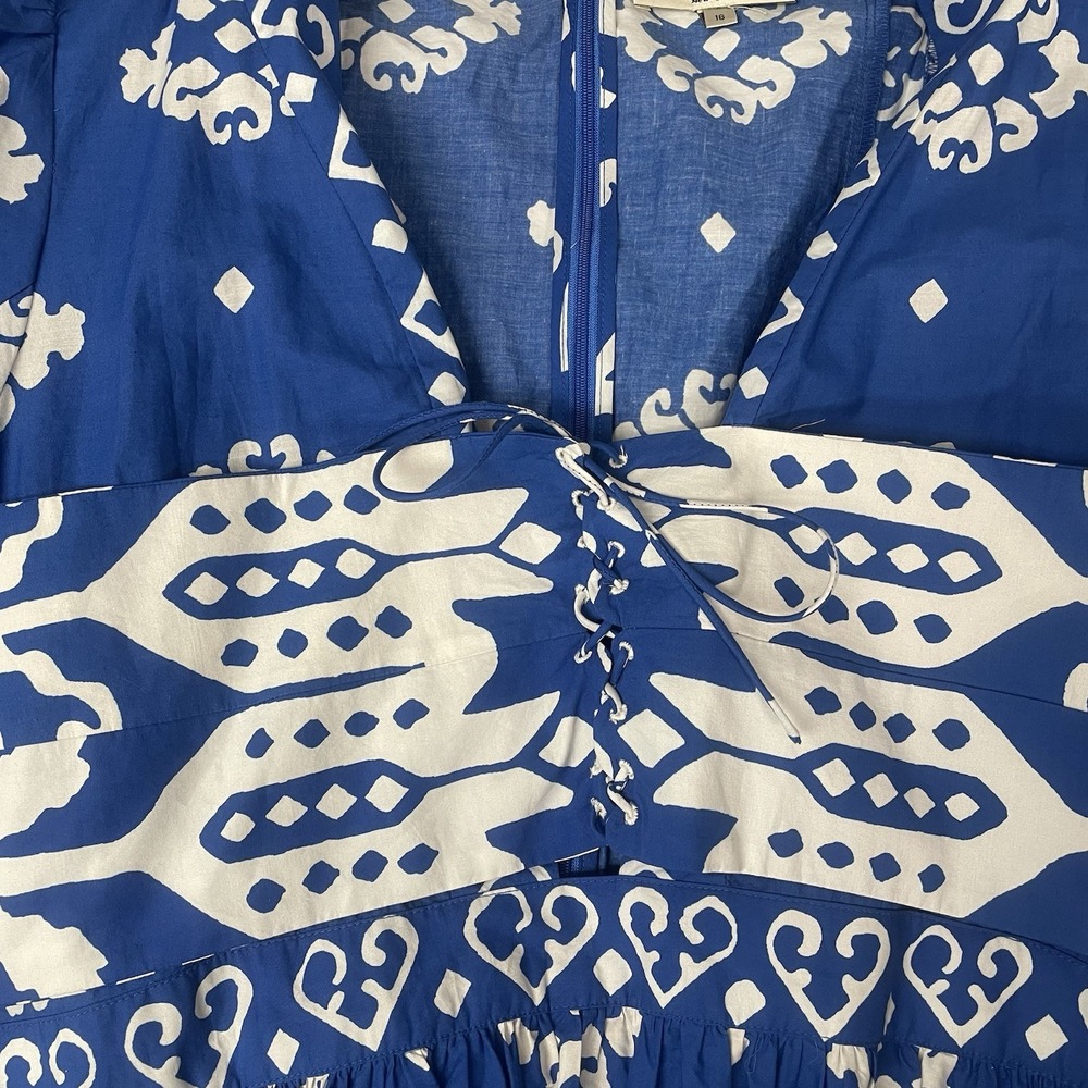 SEA Women 16 Sonia Lace-up Blue Cotton-poplin Midi Dress Resort Wear Greek Boho - Picture 3 of 8
